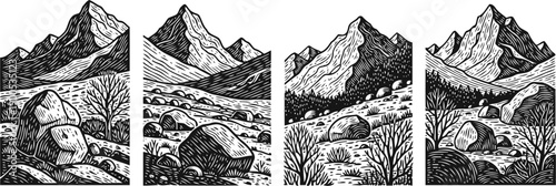 black and white mountain landscapes vintage ink drawings with rocky terrain, bare trees, and boulders in nature scenery