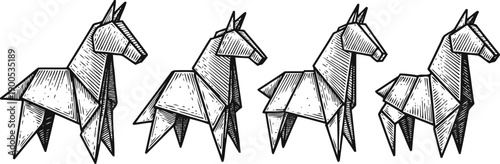 origami horses set hand folded paper animals in black and white traditional japanese paper craft art