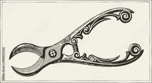 Vintage hand drawn decorative plier illustration with ornate floral and swirl patterns