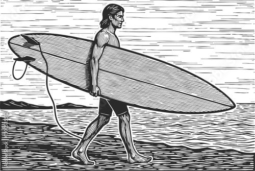 Surfer walking with longboard on shore, ocean waves in background, summer beach lifestyle illustration