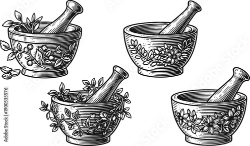 Set of four vintage mortar and pestles with different herbs and floral decorations, engraved botanical design