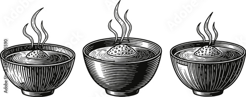Three steaming hot soup bowls in vintage black and white engraving illustration