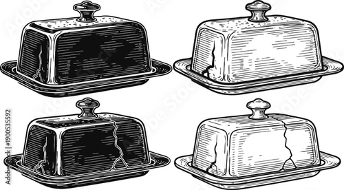 Vintage butter dishes with lids, whole and cracked, hand drawn black and white illustrations
