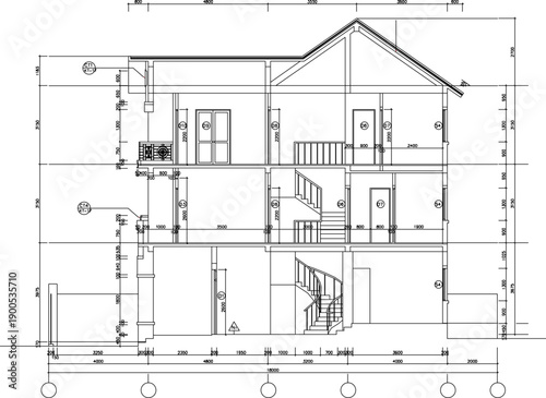 Vector sketch illustration of silhouette image of architectural design construction section view of modern luxury minimalist style house facade with scale size 