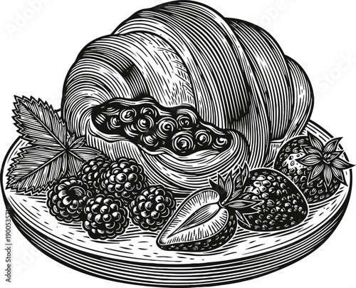 Vintage illustration of tropical fruits plate with papaya, strawberries, and blackberries