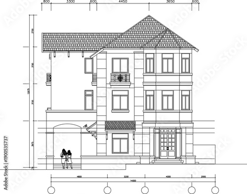 Vector sketch illustration of silhouette image of architectural design construction view of modern luxury house facade in minimalist style with scale size