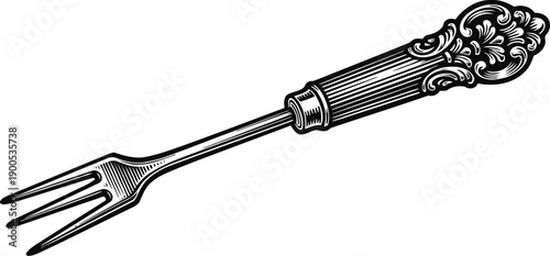 vintage ornate silver fork with intricate floral designs on handle, antique cutlery illustration