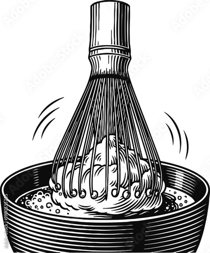 Traditional japanese matcha tea whisk in bowl, frothing green tea powder for ceremony and preparation