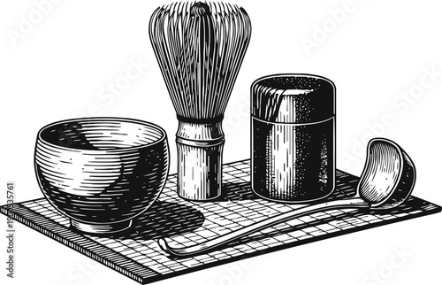 Traditional japanese tea ceremony utensils with whisk, bowl, scoop, and container on mat