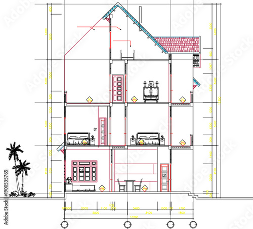 Vector sketch illustration of silhouette image of architectural engineering design section view of simple minimalist modern house facade with interior and size scale
