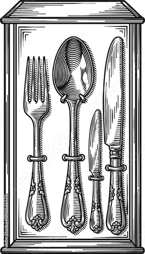 Vintage silverware set in a wooden box with fork, spoons, and knives detailed engraving
