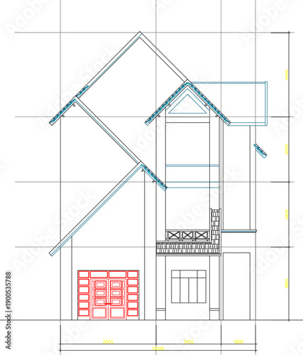 Vector sketch illustration of silhouette image of architectural engineering design view of simple minimalist modern house facade with interior and size scale
