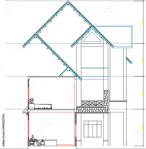 Vector sketch illustration of silhouette image of architectural engineering design view of simple minimalist modern house facade with interior and size scale 