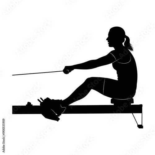 Dynamic silhouette of a woman performing a full-body rowing workout on an ergometer machine for fitness