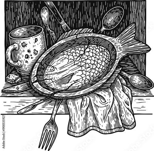 Whole fish served on a platter with utensils and a cup, vintage engraved illustration of a meal setting