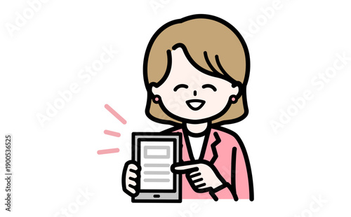 タブレットを指差してDXの効果を説明する笑顔の女性。事務作業の効率化とペーパーレスの成功イメージ。