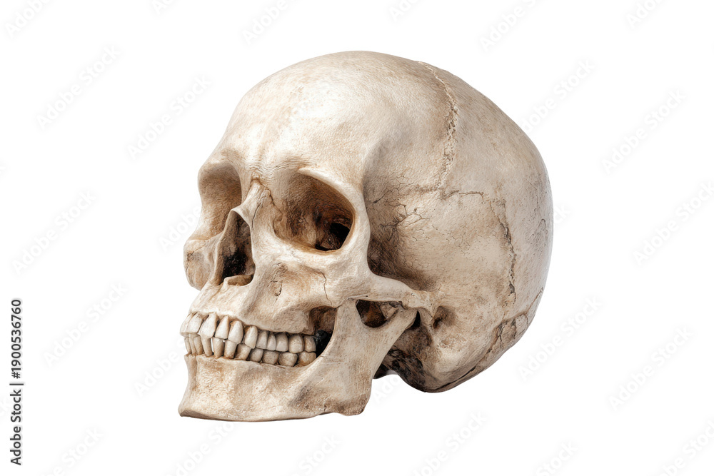 Fototapeta premium Human skull side profile bone structure detailed texture isolated on black anatomy head, Png On White Background, Isolated on Transparent Background, Cut Out