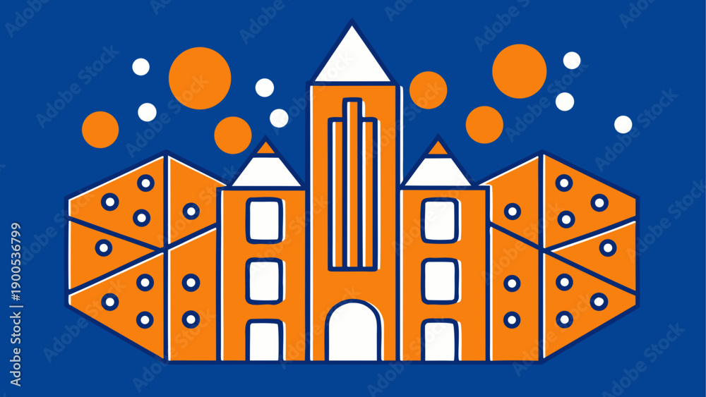 Fototapeta premium Vibrant flat design university building with fireworks