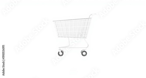 An isolated chrome metal shopping cart with red handles stands as an empty retail trolley on a white background for e-commerce and supermarket grocery store business