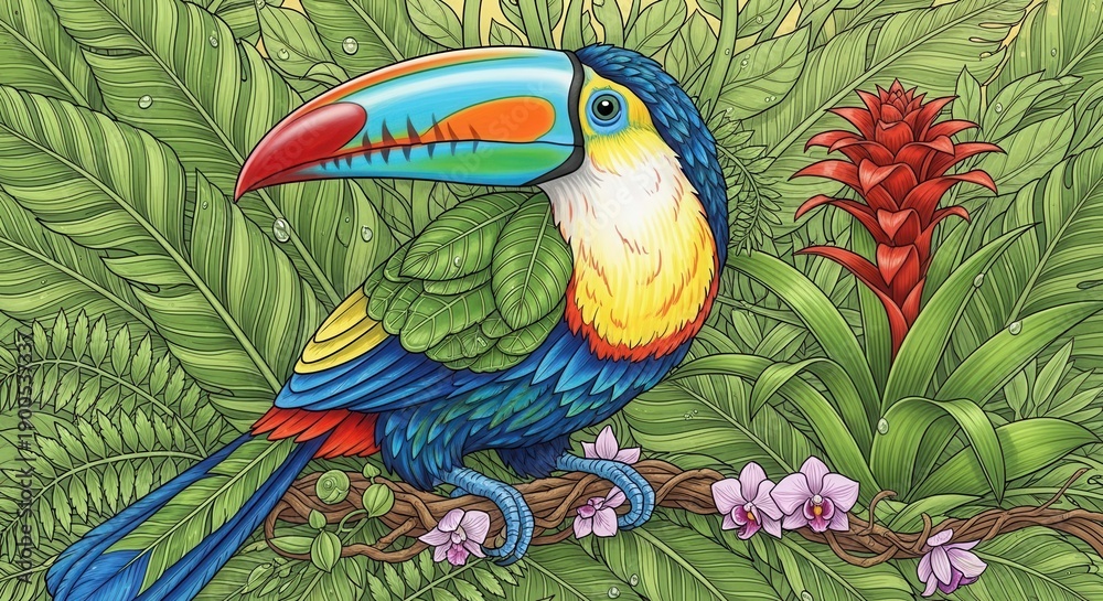 Fototapeta premium Colorful exotic bird perches among lush green foliage and tropical blossoms