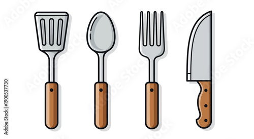 Vector illustration of kitchen utensils with wooden handles