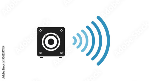 Black speaker icon with blue sound waves on white background