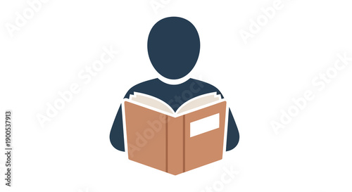 Minimalist icon of person reading a book on white background
