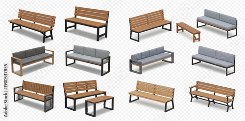 Set of various outdoor benches and furniture for parks and gardens, isolated on transparent background.