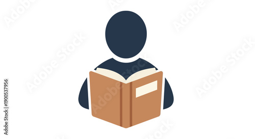 Minimalist icon of person reading a book on white background