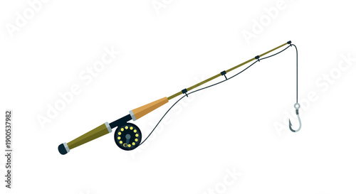 Detailed illustration of fishing rod with reel and hook on white background