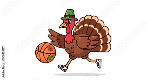 Cartoon turkey in leprechaun hat playing basketball on white background