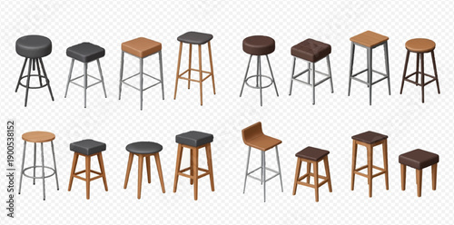 Set of various bar stools and chairs, modern and vintage designs, isolated on transparent background.