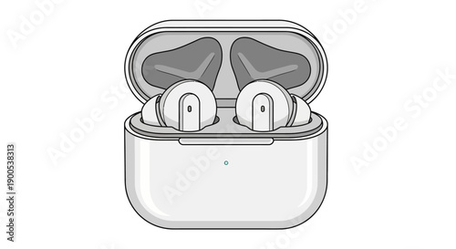 Modern wireless earbuds in charging case on white background