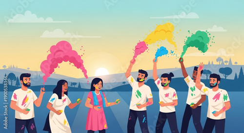 Group of Happy Young People Celebrating Holi Festival with Colorful Powder on Rooftop during Sunset