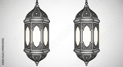 Ornate Metal Lanterns Hanging on White Background, Islamic Style, Vector Illustration