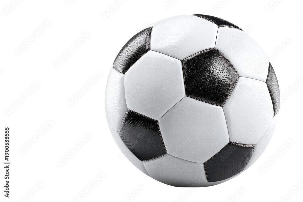 Obraz premium Classic black and white soccer ball with textured panels on black background football sport, Png On White Background, Isolated on Transparent Background, Cut Out