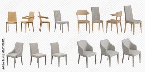 Set of modern dining chairs with various designs and materials, including wooden and upholstered options, isolated on a transparent background.