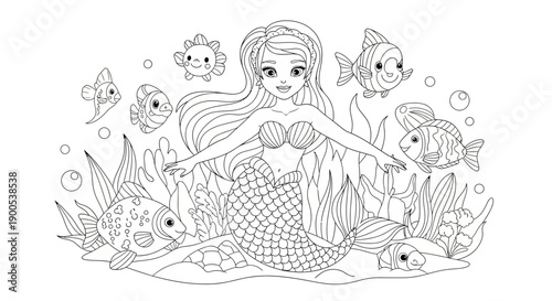 Mermaid surrounded by sea creatures in underwater coloring page