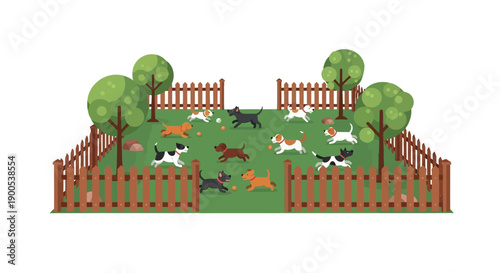 Illustration of dogs playing in a fenced park with trees