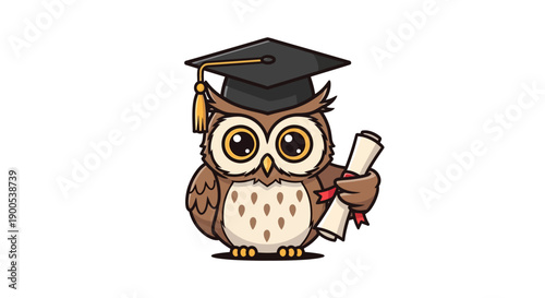 Cute cartoon owl wearing graduation cap holding diploma