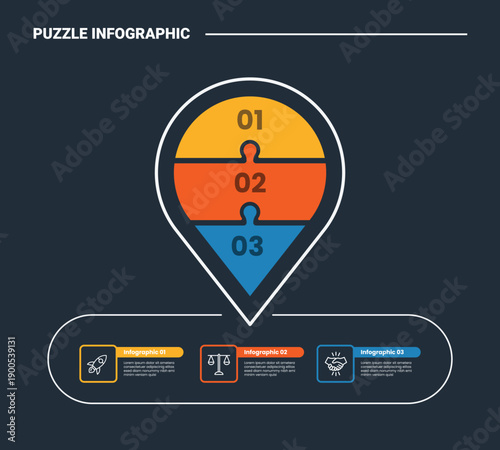 puzzle or jigsaw infographic process diagram with pin maps location marker with horizontal information lined up with dark background bright outline style 3 points