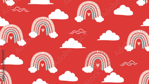 Whimsical seamless pattern of cute cartoon rainbows with little hearts and fluffy white clouds on a bright red background, perfect for children.
