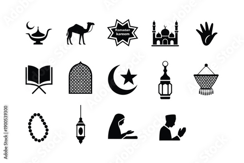 Islamic ramadan kareem icon set featuring mosque camel crescent moon lantern prayer beads and cultural symbols for holy celebrations