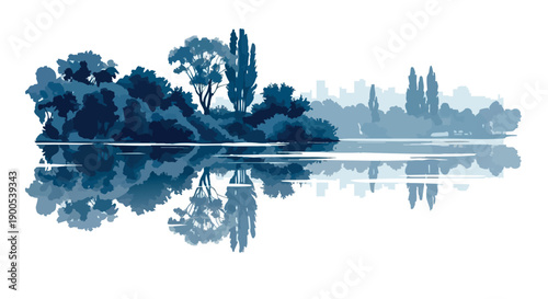 Calm blue monochrome lakeside landscape illustration with trees soft reflections and distant urban silhouette