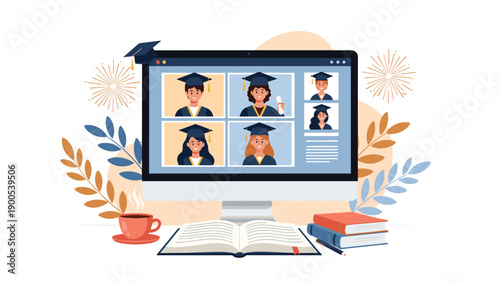 Engaging online graduation ceremony illustration featuring multiple graduates on a computer screen, surrounded by books, coffee, and celebratory confetti.