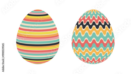 Vibrant illustration of two uniquely decorated Easter eggs, one with colorful stripes and the other with playful wavy patterns.