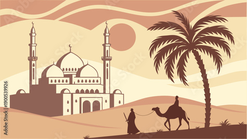 Desert oasis with mosque and camel caravan