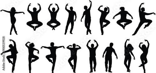 Dance silhouette pose collection, male and female contemporary dancers movement set, performing arts choreography practice illustration, stage performance vector isolated background