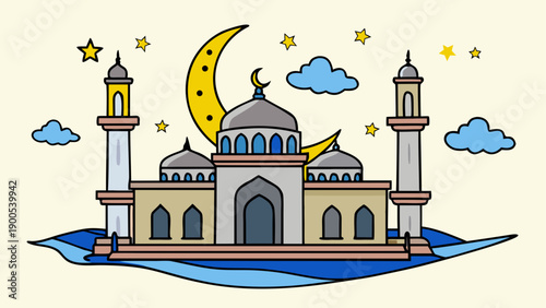Whimsical mosque illustration with crescent moon and stars