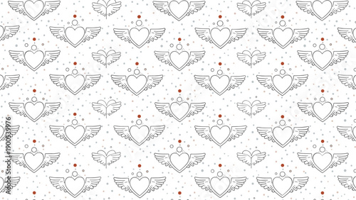 Whimsical seamless pattern featuring enchanting white winged hearts adorned with subtle red accents, scattered across a speckled white background.